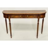 HALL TABLE, Regency style burr walnut and crossbanded with two frieze drawers and turned reeded