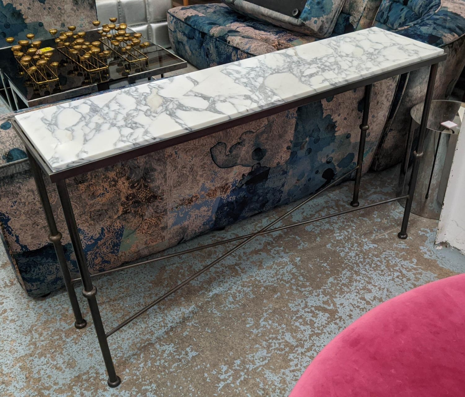 CONSOLE TABLE, 145cm x 37cm x 88cm, bronzed metal base, white marble top. - Image 2 of 6