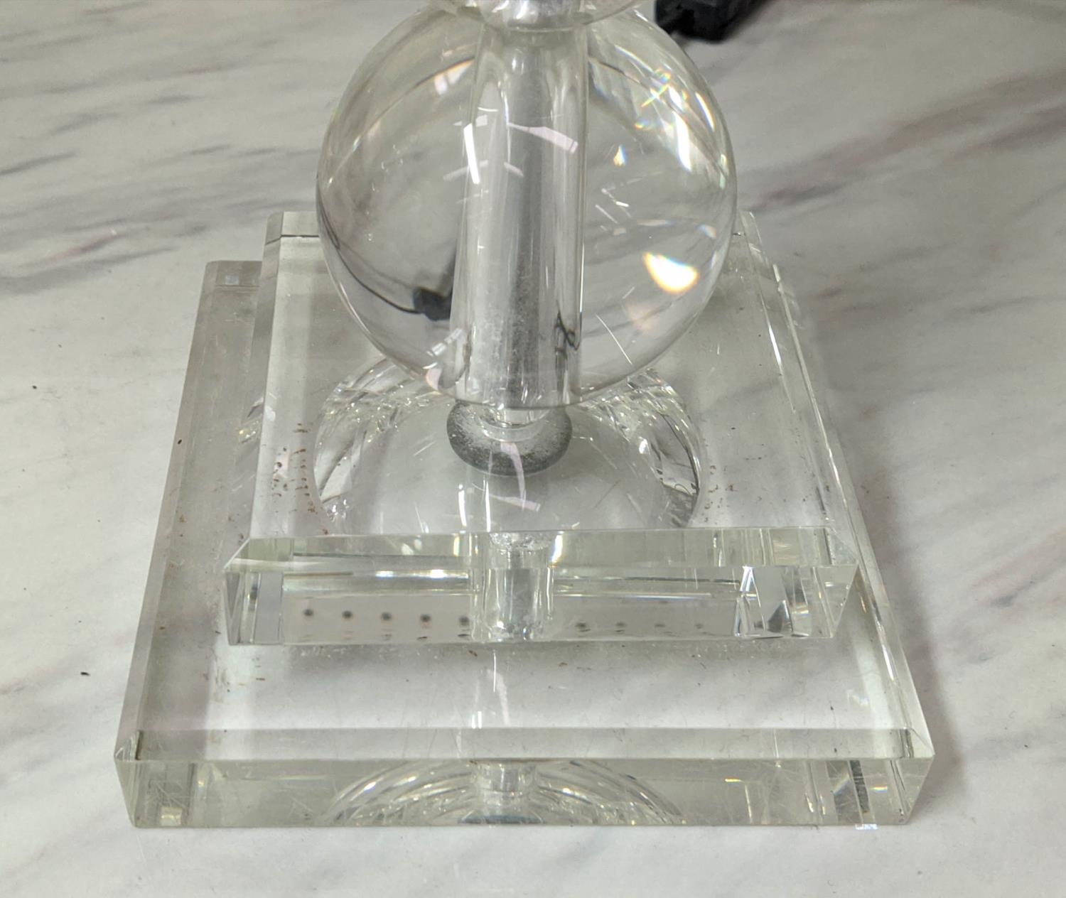 TABLE LAMPS, a pair, glass ball pillar form, white shades, 75cm H. (2) - Image 3 of 5