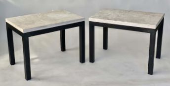 SIDE TABLES, a pair, 1970s style rectangular travertine on lacquered metal supports, 52cm D x 77cm W