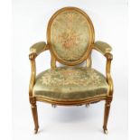 FAUTEUIL, 19th century French, giltwood frame, silk embroidered floral patterned upholstery padded