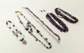 A COLLECTION OF AMETHYST JEWELLERY, comprising a six-strand chip necklace, an amethyst and rose
