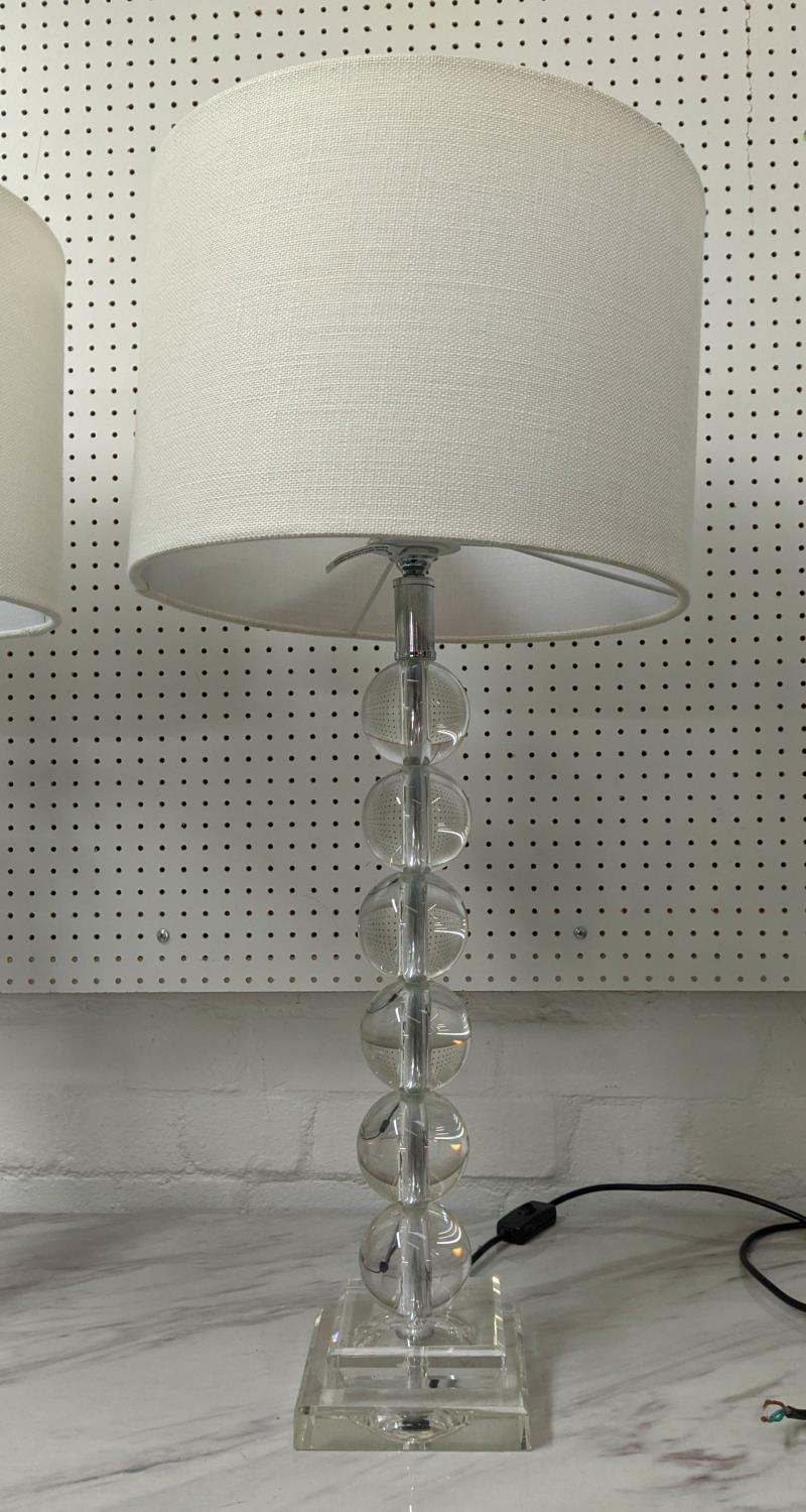 TABLE LAMPS, a pair, glass ball pillar form, white shades, 75cm H. (2) - Image 2 of 5