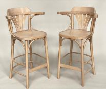 THONET STYLE BAR STOOLS, a pair, limed bentwood, with bow backs and stretchered supports, 101cm H (