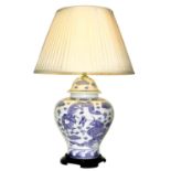 TABLE LAMPS, pair, 69cm high, 45cm diameter, Chinese export style blue and white ceramic with