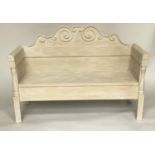 HALL BENCH, Swedish style grey painted with a raised scroll back and hinged seat, 147cm W.