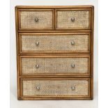 BAMBOO CHEST, wicker panelled and cane bound with three drawers, 73cm W x 43cm D x 90cm H.