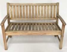 GARDEN BENCH, weathered teak, of slatted construction (matching previous lot), 124cm W.