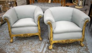 TUB CHAIRS, 69cm H x 95cm W x D 80cm a pair, early 20th century painted and gilt heightened in
