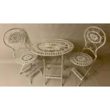 GARDEN TABLE AND CHAIRS, Regency style, the table measuring 73cm high, 72cm wide, 54cm deep, white