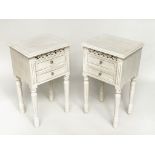 BEDSIDE CHESTS/TABLES, a pair, French style traditionally grey painted each with pierced frieze