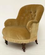 ARMCHAIR, Victorian walnut with yellow velvet upholstery, buttoned back and arms and turned