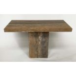 CONSOLE TABLE, 1970's Italian variegated travertine marble, rectangular with square section column