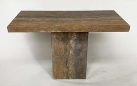 CONSOLE TABLE, 1970's Italian variegated travertine marble, rectangular with square section column