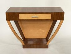 ART DECO CONSOLE TABLE, figured walnut and bois satin contrast with angled supports, 102cm x 40cm
