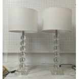 TABLE LAMPS, a pair, glass ball pillar form, white shades, 75cm H. (2)
