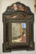 WALL MIRROR, 91cm H x 59cm, 19th century Flemish repoussé brass, tortoiseshell and painted with