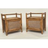 LAMP TABLES, a pair, bamboo framed, wicker panelled and cane bound each with door and gallery,