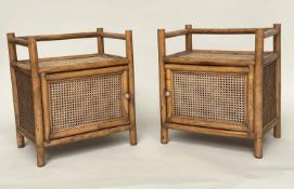 LAMP TABLES, a pair, bamboo framed, wicker panelled and cane bound each with door and gallery,