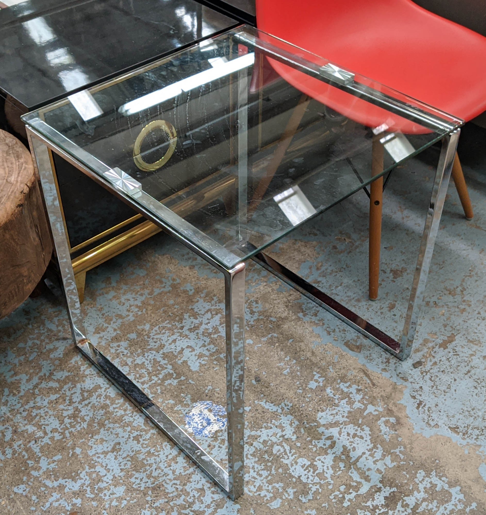 SIDE TABLE, 50cm x 50cm x 55cm, contemporary polished metal and glass.