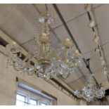 CHANDELIERS, two matching cut glass with facetted drops and chains, one eight branch and one five