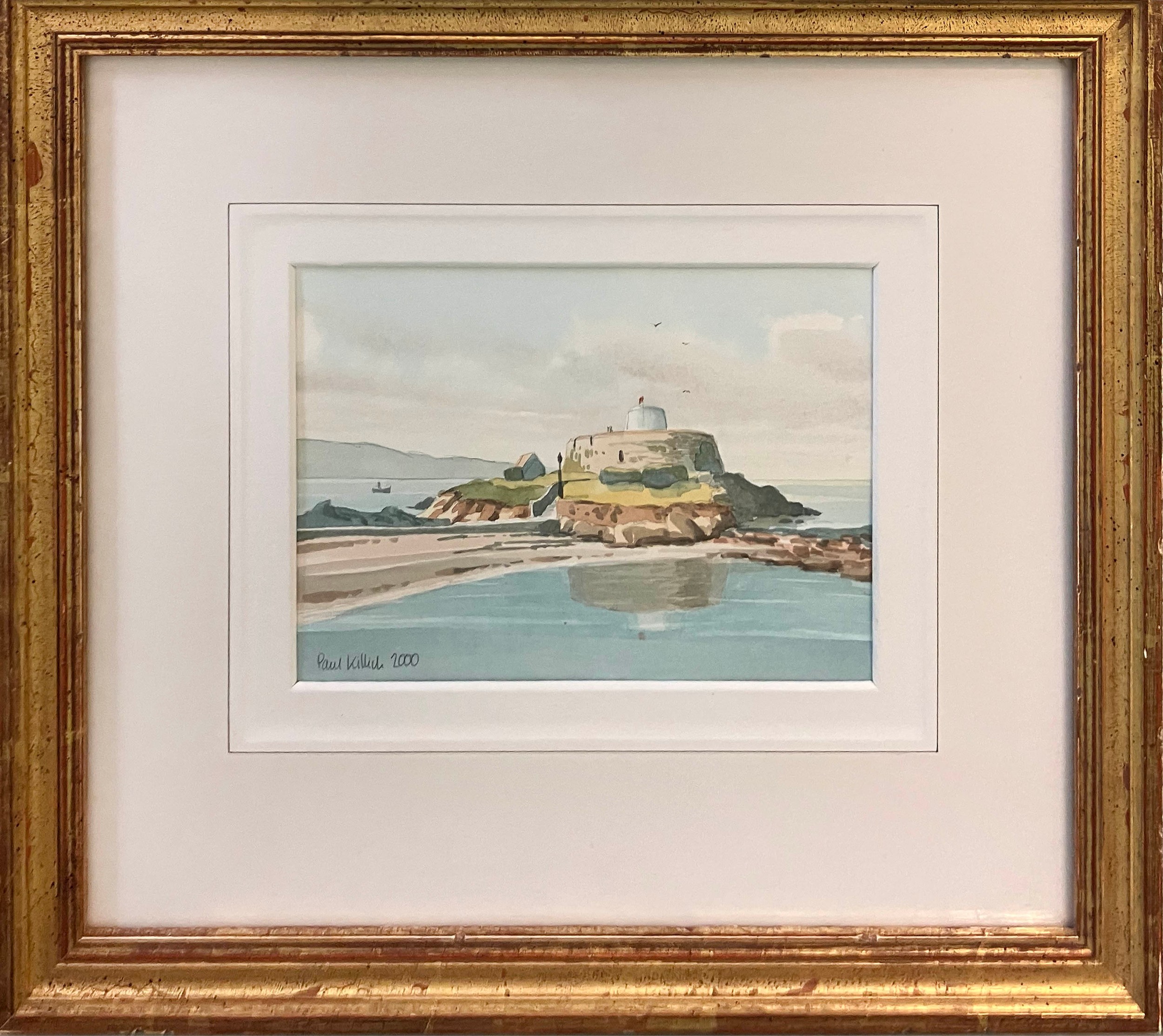 PAUL KILLICK, 'Guernsey View with Martello Tower', watercolour, 12cm x 17cm, framed and two