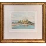 PAUL KILLICK, 'Guernsey View with Martello Tower', watercolour, 12cm x 17cm, framed and two