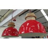FACTORY STYLE PENDANT LAMPS, a pair, 120cm drop approx, red painted finish. (2)