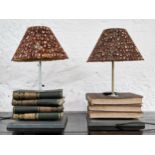 TABLE LAMPS, a pair, 42cm H, made from vintage novels, with pheasant feather shades. (2)