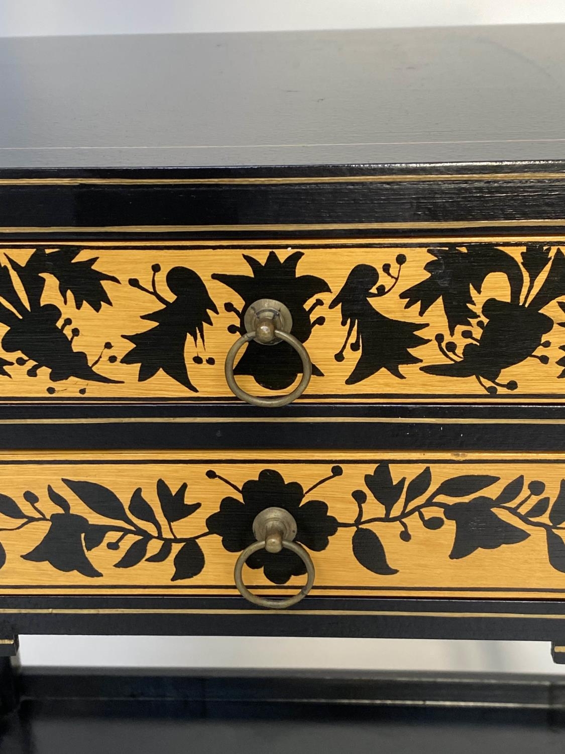 SIDE TABLES, a pair, Regency style satinwood black lacquered and line painted each with two drawers, - Image 2 of 6