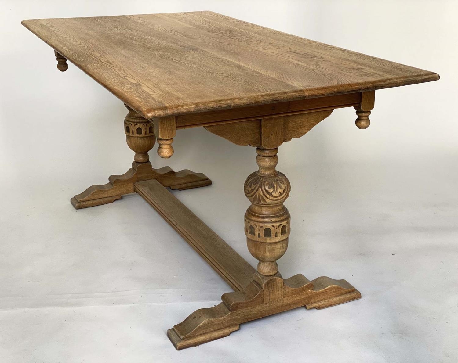 REFECTORY TABLE, 17th century style oak with rectangular planked top, carved twin pillars and flat