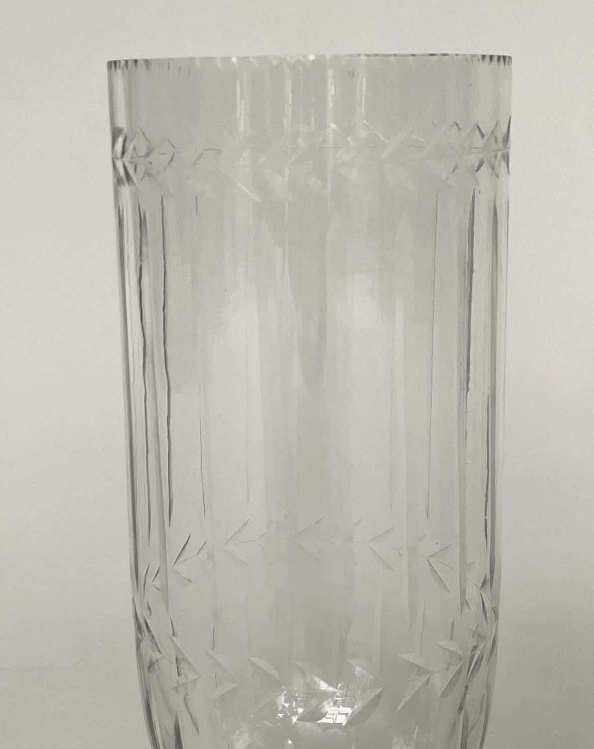 STORM LANTERNS, a pair, cut glass and engraved, cylindrical with facetted stepped plinths, 34cm - Image 4 of 4