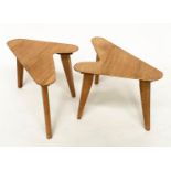 BOOMERANG LOW TABLES, two mid 20th century oak with tapering supports, 56cm W. (2)