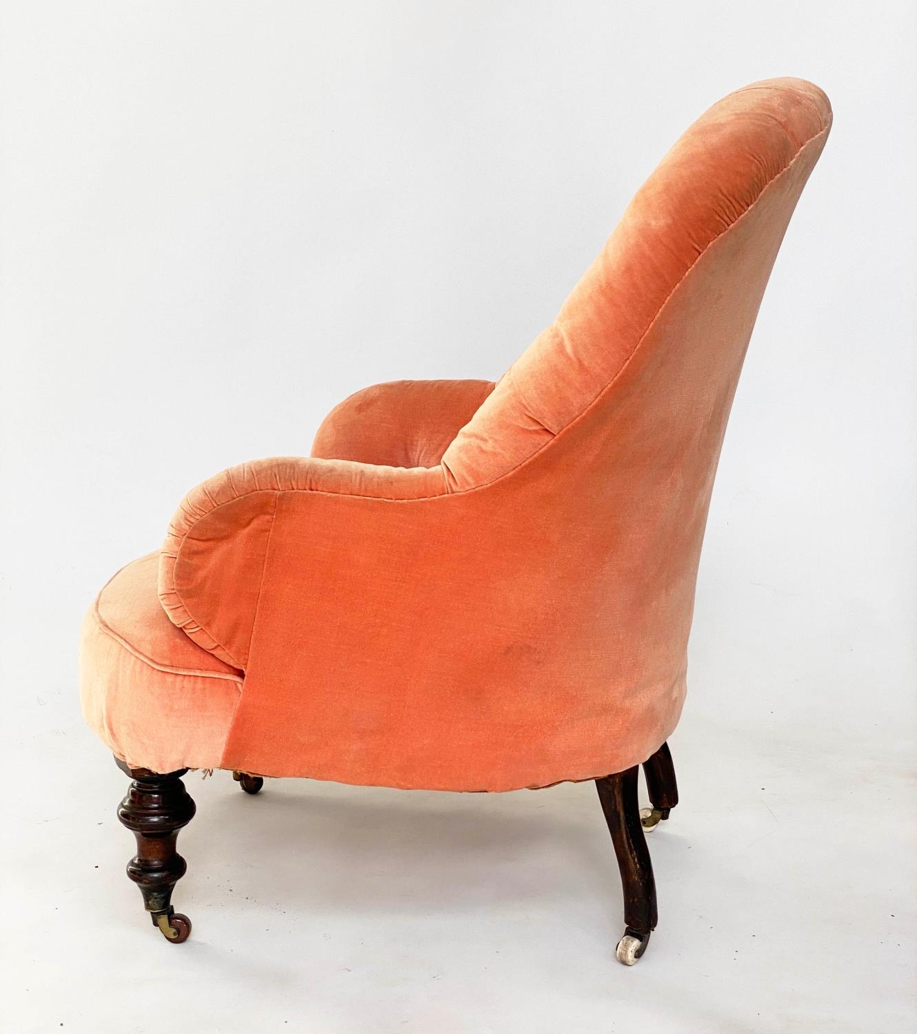 ARMCHAIR, Victorian walnut with 'plush' velvet upholstery, deep buttoned back and turned supports, - Image 5 of 7