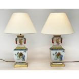 TABLE LAMPS, a pair, Chinese ceramic of facetted vase form, famille verte, each with figures and
