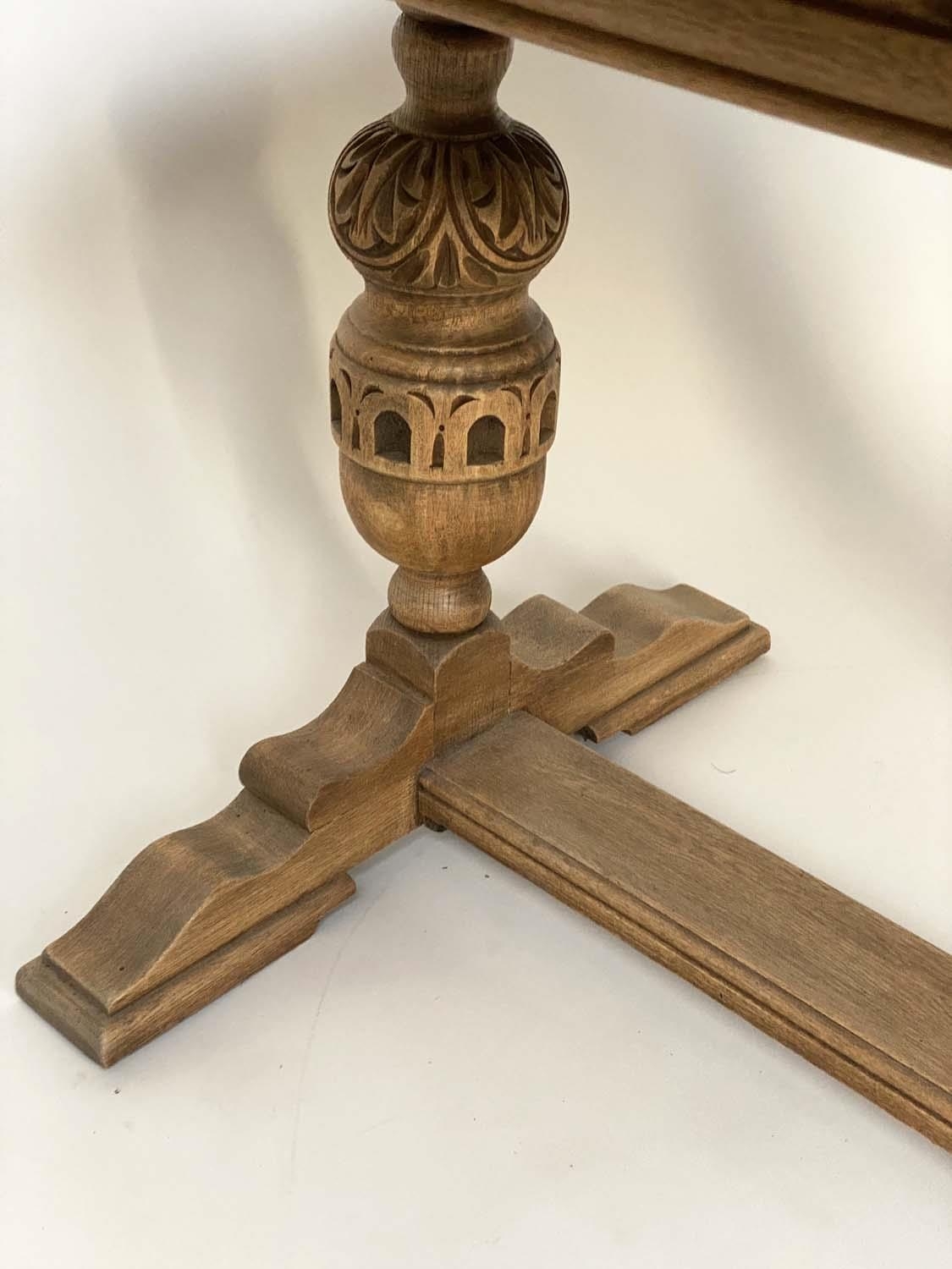 REFECTORY TABLE, 17th century style oak with rectangular planked top, carved twin pillars and flat - Image 7 of 7