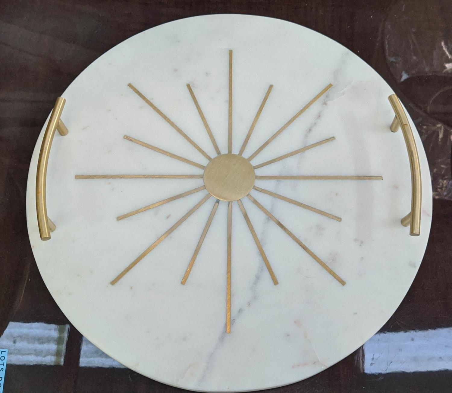 COCKTAIL TRAYS, a pair, marble with gilt detail, 35cm diam x 5cm. (2) - Image 3 of 5
