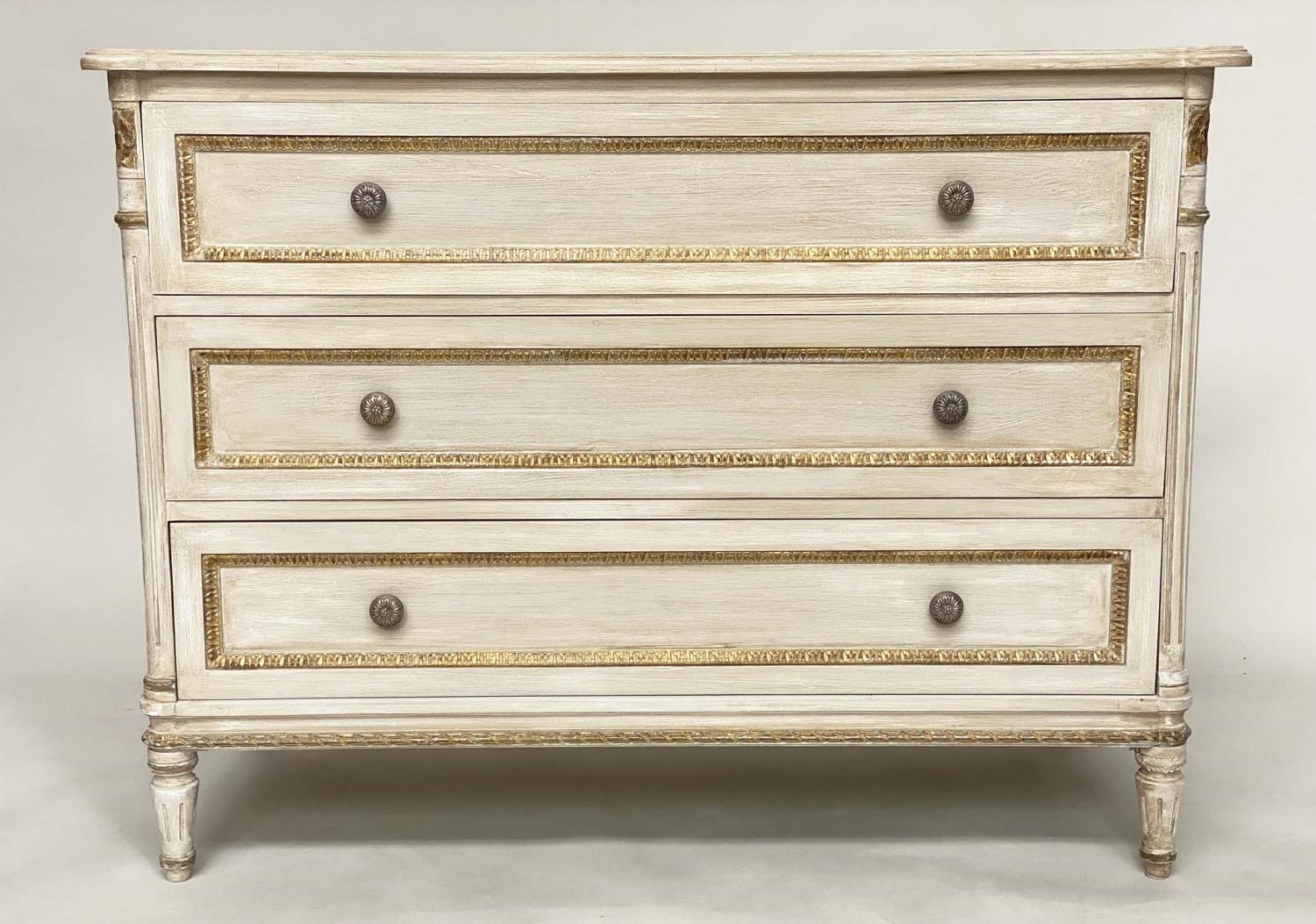 COMMODE, French Louis XVI style grey painted and parcel gilt with three long drawers and fluted