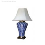 TABLE LAMP, 78cm H x 50cm diam., blue and white fish design ceramic, with shade.