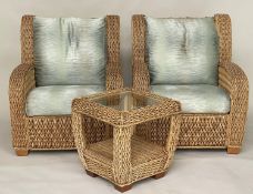 TERRACE SET, Art Deco style woven cane with silk covered cushions and glass topped occasional table,