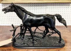 FIGURE OF A MARE, surrounded by a fence, bronzed finish, plinth, no. 1973 to base, 28cn H x 38cm W x