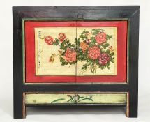 SIDE CABINET, Chinese black lacquered, silvered mounts and Chinoiserie floral decorated with two