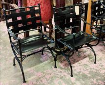 ELBOW CHAIRS, four, each 55cm W x 94cm H, leather strap work on metal frames. (4)