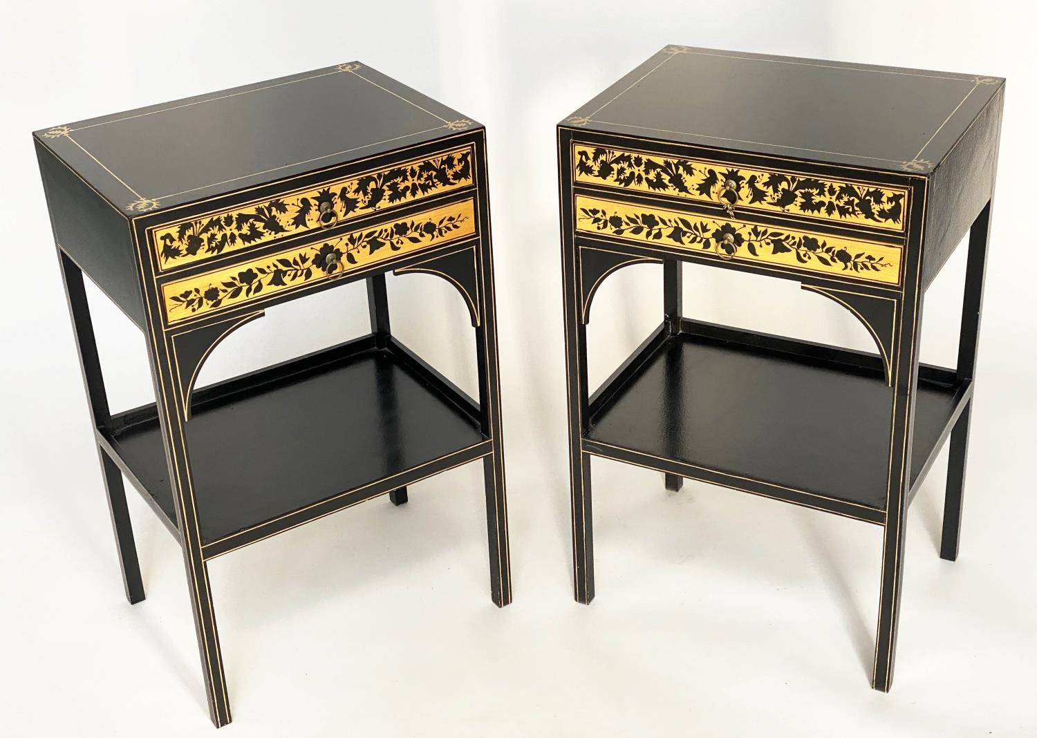 SIDE TABLES, a pair, Regency style satinwood black lacquered and line painted each with two drawers, - Image 3 of 6