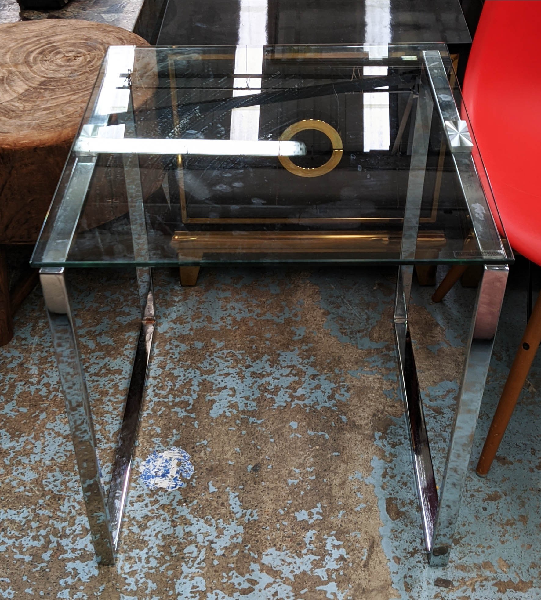 SIDE TABLE, 50cm x 50cm x 55cm, contemporary polished metal and glass. - Image 2 of 4