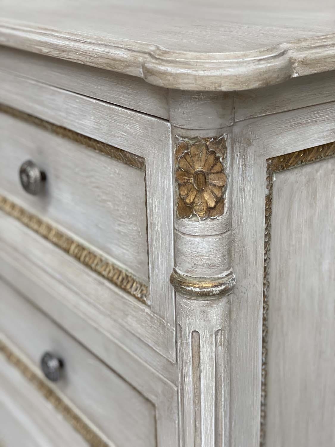COMMODE, French Louis XVI style grey painted and parcel gilt with three long drawers and fluted - Image 6 of 7