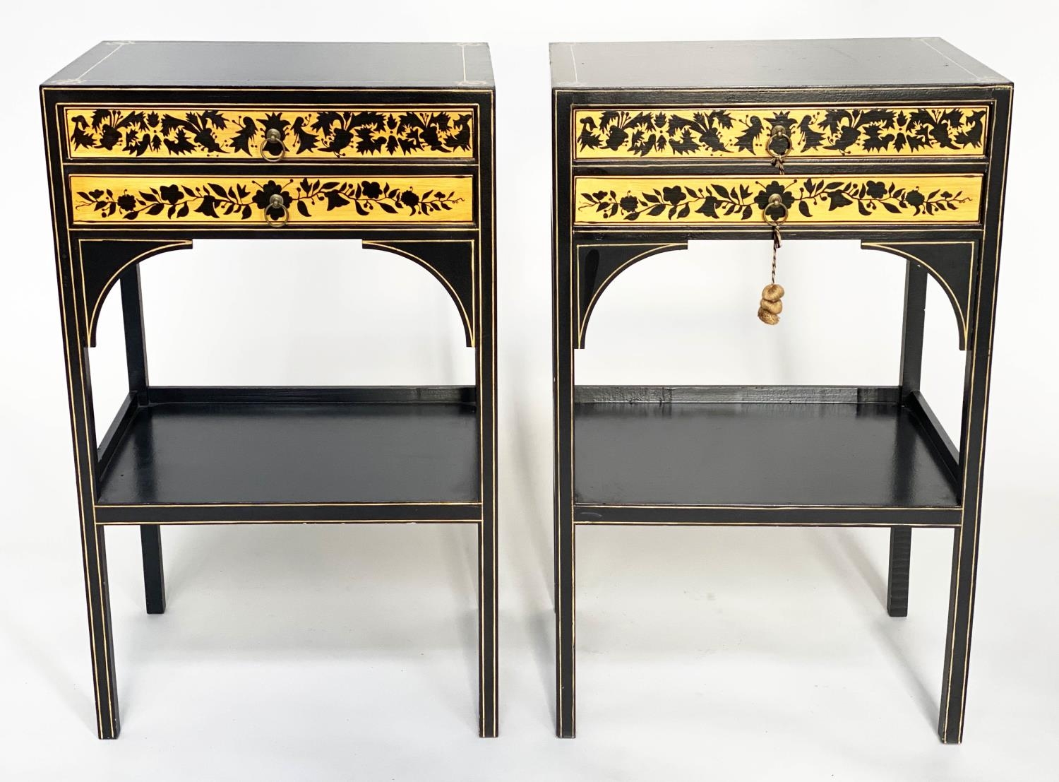 SIDE TABLES, a pair, Regency style satinwood black lacquered and line painted each with two drawers,