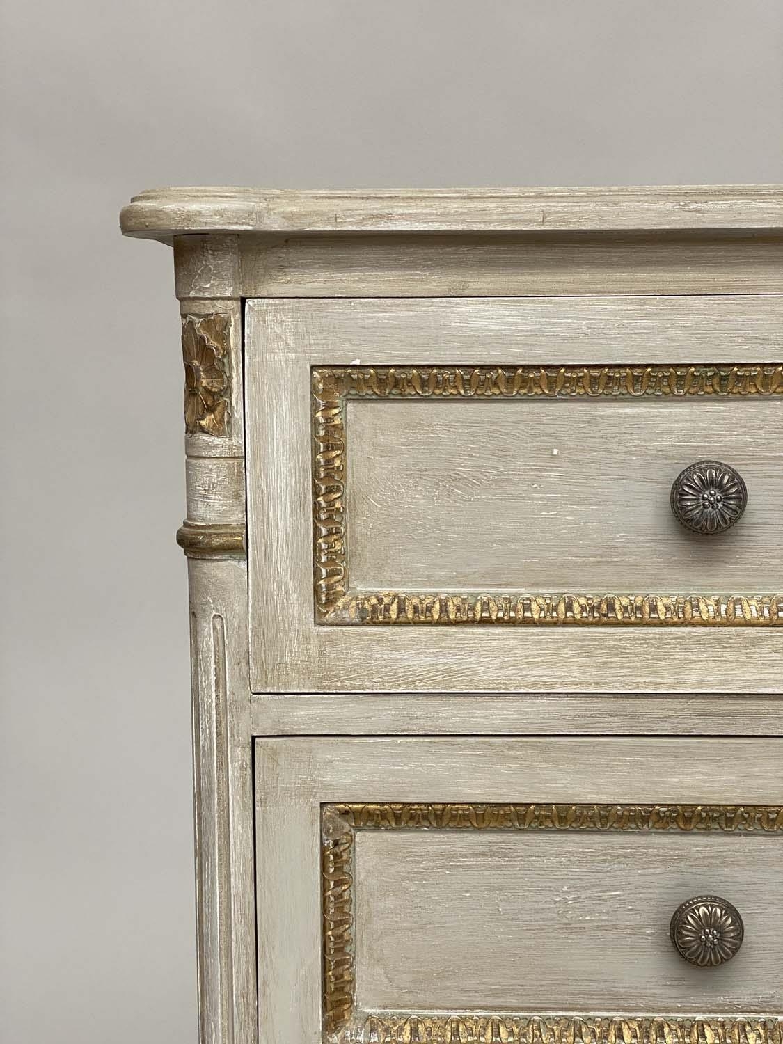 COMMODE, French Louis XVI style grey painted and parcel gilt with three long drawers and fluted - Image 3 of 7