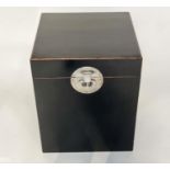 TRUNK, black lacquered Chinese with silvered metal mounts and rising lid, 50cm x 50cm x 60cm H.