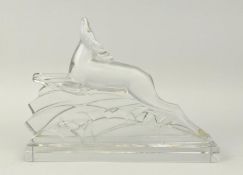 BACCARAT CRYSTAL FIGURE OF A DEER BEING PURSUED, signed and stamped to base, Art Deco, 16cm H x 21.